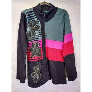 Leopards & Roses Jacket Women XL High Collar Full Zip Floral Cut Out Hippie Boho